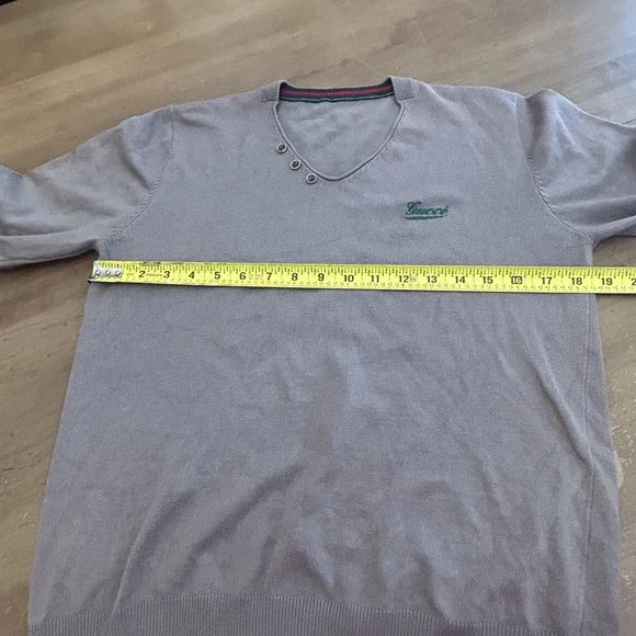 Gucci Sweater Mens Large Gray Wool Blend V Neck Pullover Logo Stripe Buttons - Picture 5 of 7